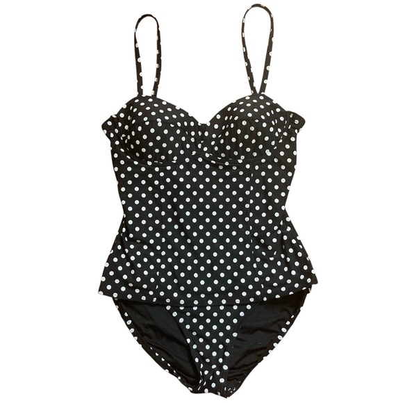 DKNY Swim Tankini 2 Piece Swimsuit Black and White Polka Dot Women’s Large - Picture 2 of 11